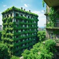 an abandoned city overgrown with created by a neural technology