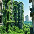 an abandoned city overgrown with created by a neural technology