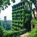 an abandoned city overgrown with created by a neural technology