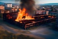 Abandoned city and rusted building burned in a flaming fire