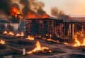 Abandoned city and rusted building burned in a flaming fire