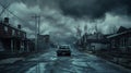 Abandoned city street with abandoned cars and houses under stormy skies. Deserted urban road. Concept of urban decay Royalty Free Stock Photo