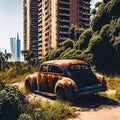 Abandoned cityscape, Deserted cityscape overgrown with vegetation