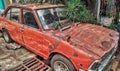 Abandoned classic red car almost covered in plants