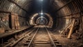 Abandoned coal mine, rusty equipment, vanishing point generated by AI