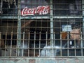 Abandoned cola stall. Coca Cola. Old store. Broken mini market. Concept of economic crisis. Store closed for a long time