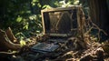 Abandoned computer in the desolate forest. - Generative ai.