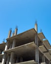 Abandoned concrete building structure under blue sky, low angle view Royalty Free Stock Photo
