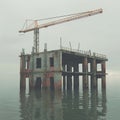 Abandoned Construction Sites and Underwater Mortgages A surreal vista of halted construction sites amid floodwaters, representing