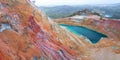 Colorful gossan (iron cap) of abandoned Alestos mine with open pit filled with water, and Memi mine lake Royalty Free Stock Photo