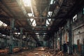 Abandoned creepy factory warehouse inside, deserted grunge industrial background Royalty Free Stock Photo