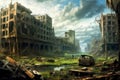 An Abandoned City Block With Blue Sky and Greenery Growing on the Streets, Generative AI