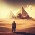 abandoned cyber city on sandy desert background with pyramids and humongous statue postapocalyptic city