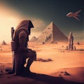 abandoned cyber city on sandy desert background with pyramids and humongous statue postapocalyptic city