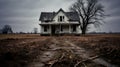 Abandoned damaged old house in a field