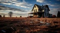 Abandoned damaged old house in a field