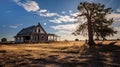 Abandoned damaged old house in a field