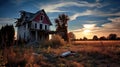 Abandoned damaged old house in a field