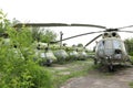 abandoned damaged russian military helicopter Mil Mi-2 Hoplite and Mil Mi-2 Hip.