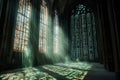 Abandoned data cathedral featuring intricate stained glass windows illuminated by beams of light Royalty Free Stock Photo