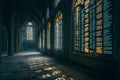 Abandoned data cathedral featuring stunning stained glass windows reflecting light in a desolate interior Royalty Free Stock Photo