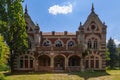 Abandoned, decaying historical heritage of the 19th century, an old ownerless estate. Background with copy space