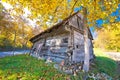 Abandoned decaying wooden cottage autumn view