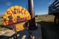 Vintage Shell gasoline sign and antique gas pump at ghost town of Bodie, California