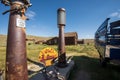 Vintage Shell gasoline sign and antique gas pump at ghost town of Bodie, California