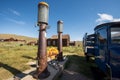 Vintage Shell gasoline sign and antique gas pump at ghost town of Bodie, California Royalty Free Stock Photo