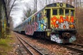 abandoned derailed train car surrounded by graffiti