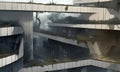 Abandoned destroyed brutalist concrete city buildings, apocalyptic fantasy concept art.