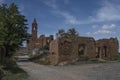 Abandoned destroyed building against a cloudy sky in the old city of Belchite in Spain