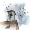 Abandoned destroyed Christian church. Flock of pigeons flies on the cloudy sky.Oblivion Royalty Free Stock Photo