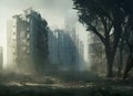 Abandoned destroyed city overgrown with tropical trees, apocalyptic fantasy concept art
