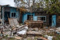 The abandoned and destroyed dwellings after accident. The household items left as a result of disaster