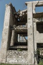 Abandoned destroyed by the explosion, bombing and shelling the destroyed building. Holes from shells, traces of bullets and splint