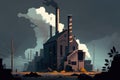 abandoned, dilapidated factory with smokestacks belching black clouds into the sky The image represents the