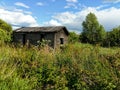 An abandoned dilapidated wooden shack in the thickets of grass.