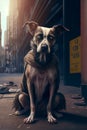 Abandoned dog on city street, hungry, dirty and sad stray pet dog, Generative AI