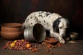 abandoned dog food bowl next to a pile of tipped trash