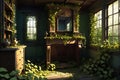 Abandoned Dollhouse Overgrown with Wild Ivy: Decaying Wood, Shattered Windows Allowing Nature\'s Reclamation