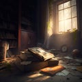 abandoned dusty room with books strewn around and cobwebs hanging created by generative AI