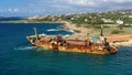 Abandoned Edro III Shipwreck at seashore of Peyia, near Paphos, Cyprus. Historic Edro III Shipwreck site on the shore of the water