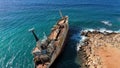 Abandoned Edro III Shipwreck at seashore of Peyia, near Paphos, Cyprus. Historic Edro III Shipwreck site on the shore of the water