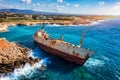 Abandoned Edro III Shipwreck at seashore of Peyia, near Paphos, Cyprus. Historic Edro III Shipwreck site on the shore of the water Royalty Free Stock Photo