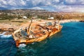Abandoned Edro III Shipwreck at seashore of Peyia, near Paphos, Cyprus. Historic Edro III Shipwreck site on the shore of the water Royalty Free Stock Photo