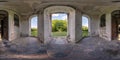 Abandoned empty concrete entrance hall room with columns or old building in full seamless spherical 360 hdri panorama in