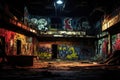 Abandoned factory building with many graffiti on the walls at night, A vivid haunting image of an abandoned nightclub. Dark,