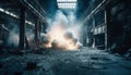 Abandoned factory burning, destroyed by fire, a rusty old ruin generated by AI